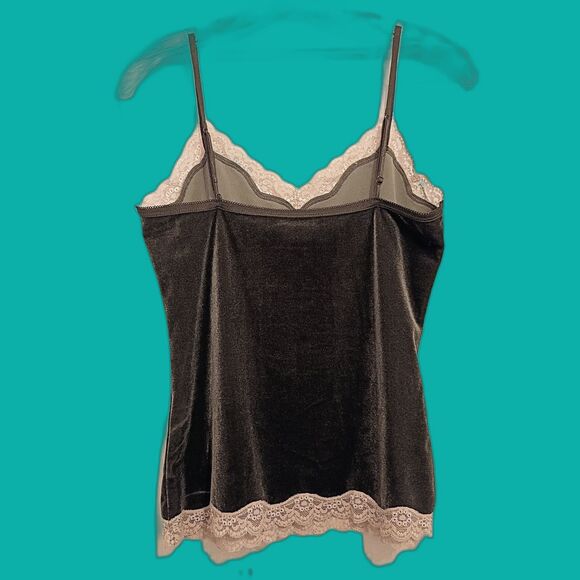 Y2K Dark Green Velvet Cami Tank Top Ivory Lace Trim Loft S Fairy Goth Grunge - Picture 2 of 4
